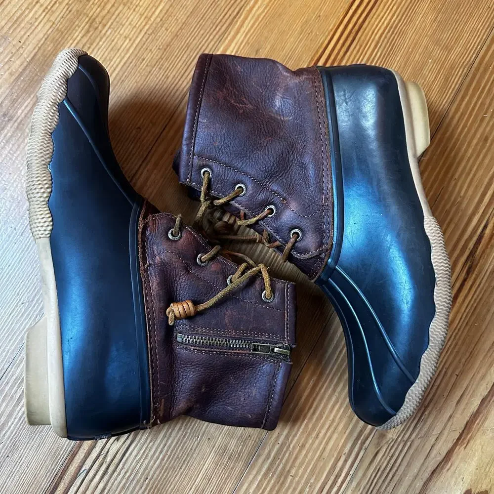 Sperry saltwater brown leather rubber sole rain‎ boots SIZE 10